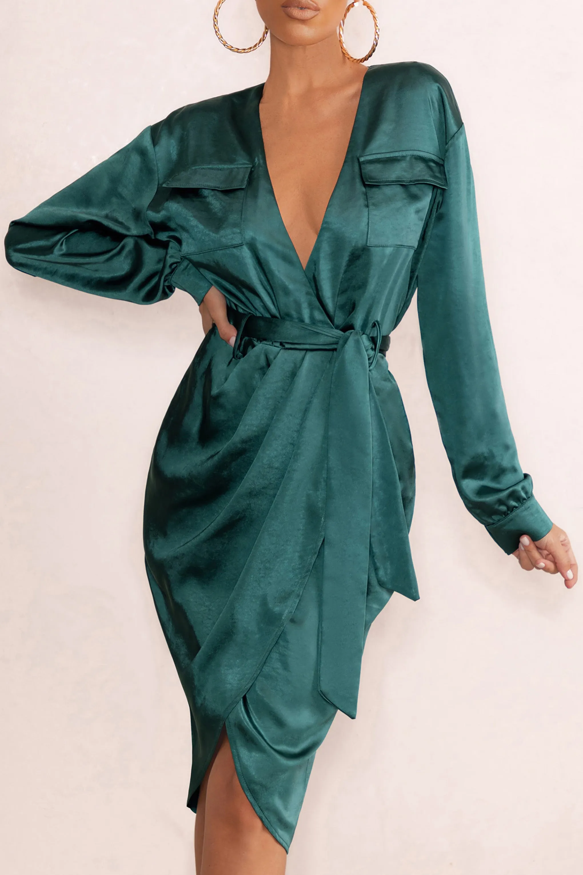 Bottle Green Satin Plunge Neck Midi Dress