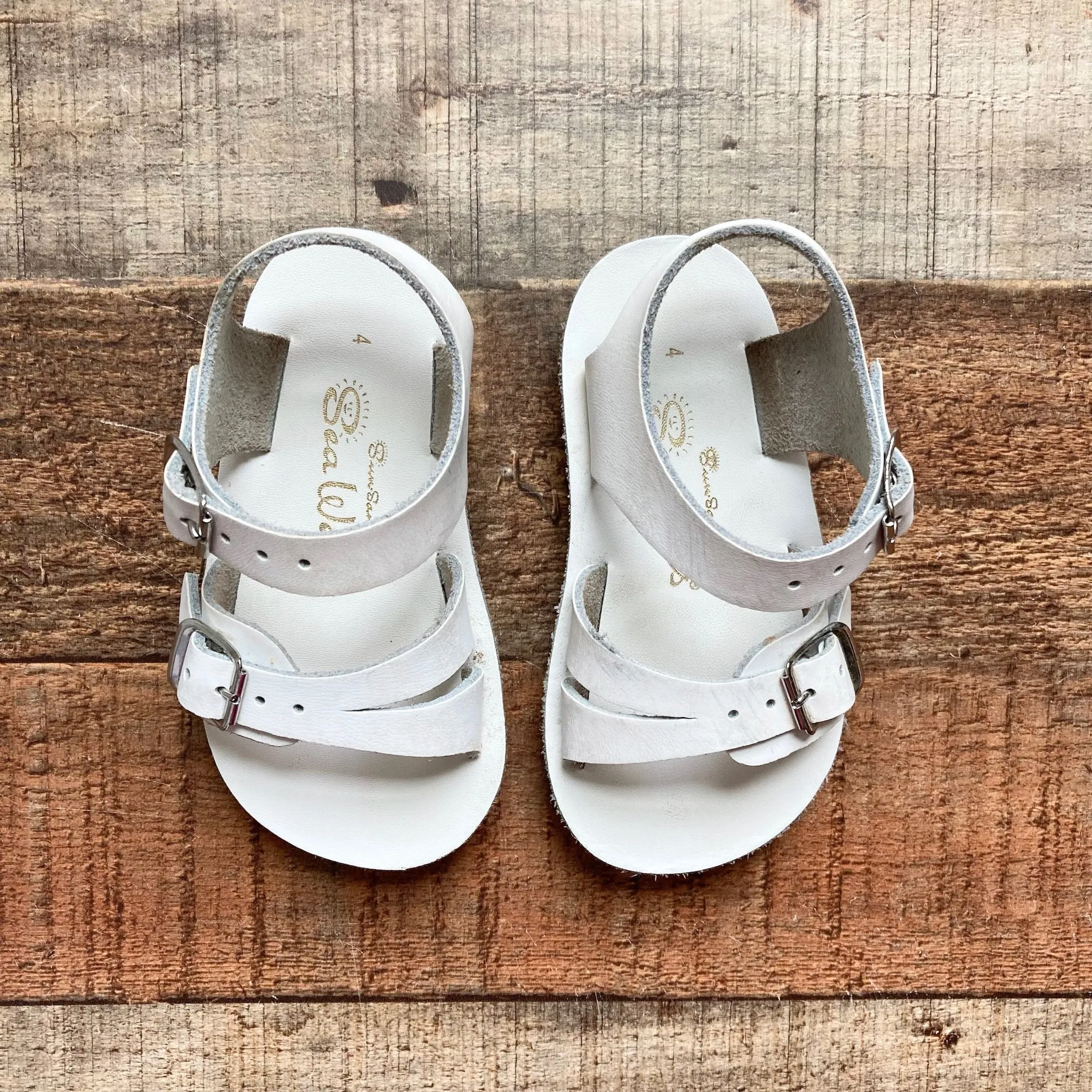 Sun-San White Double Strap Leather Sandals - Size 4 (notes included)