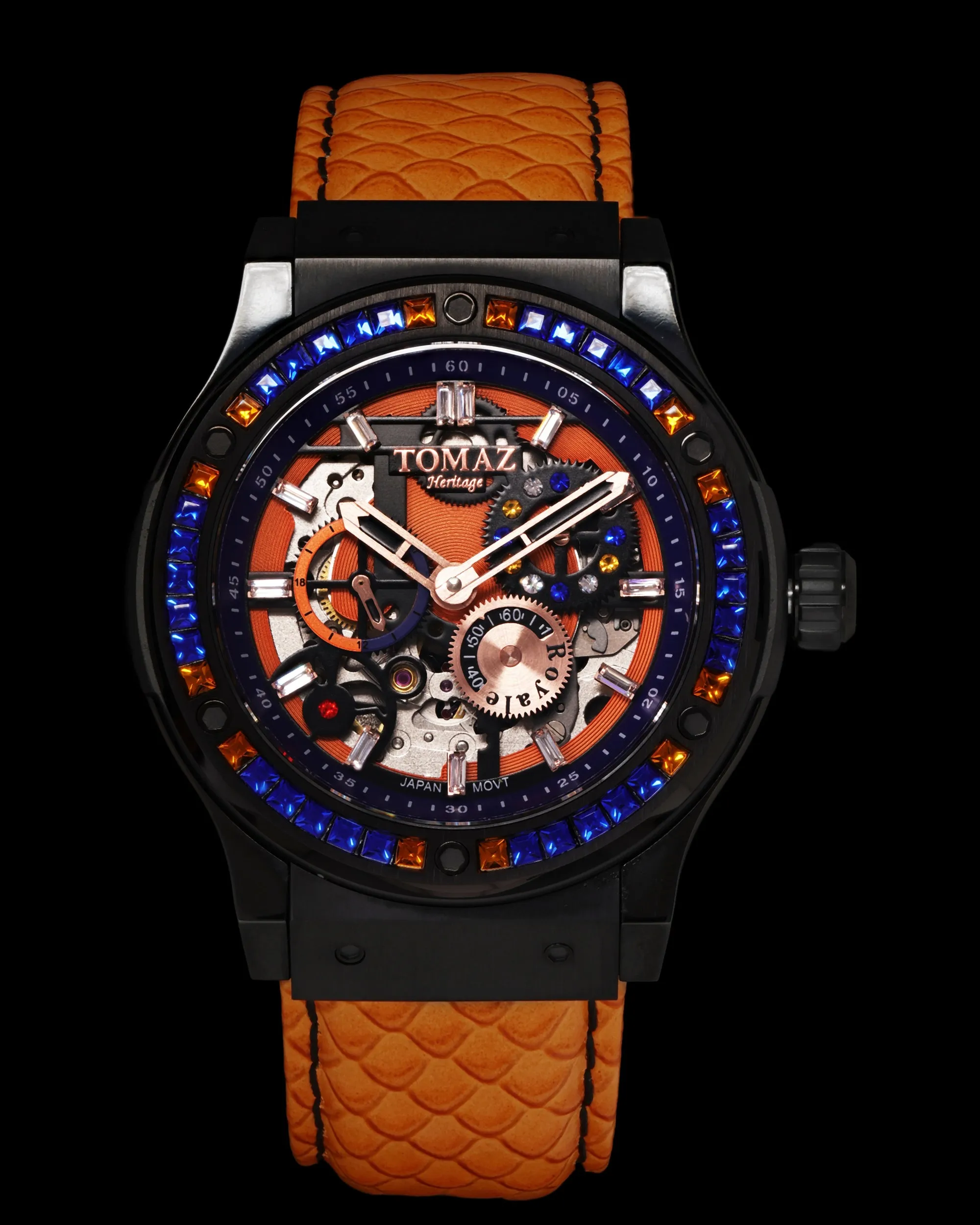 Black Royale Watch with Orange Salmon Leather Strap and Blue Orange Swarovski