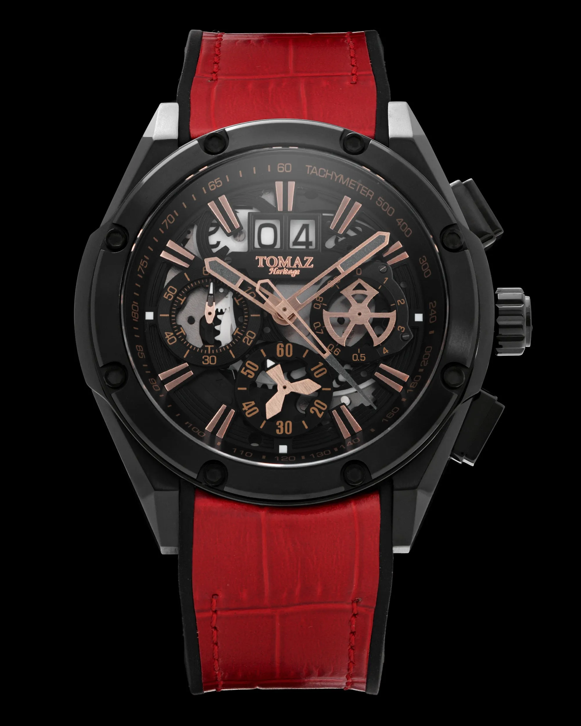 Rose Gold/Black Skeletor Watch with Black Bamboo Leather Strap