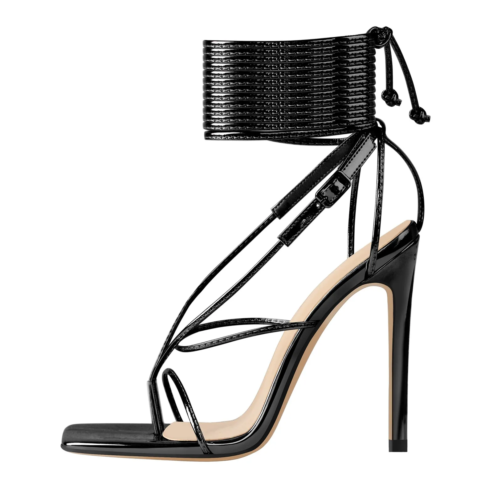 Black Square Toe Strap High Heel Stilettos