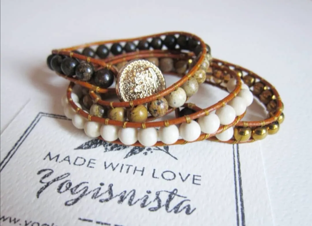 Bronzite Picture Jasper Matte White Fossil Hematite 3X Wrap Bracelet