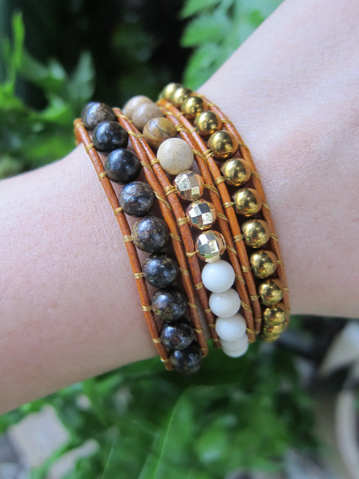 Bronzite Picture Jasper Matte White Fossil Hematite 3X Wrap Bracelet