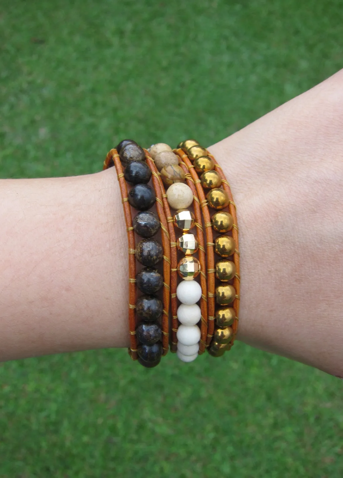 Bronzite Picture Jasper Matte White Fossil Hematite 3X Wrap Bracelet