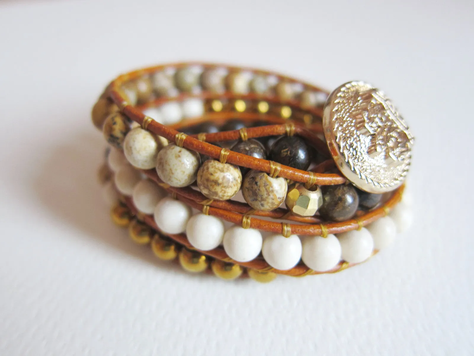 Bronzite Picture Jasper Matte White Fossil Hematite 3X Wrap Bracelet